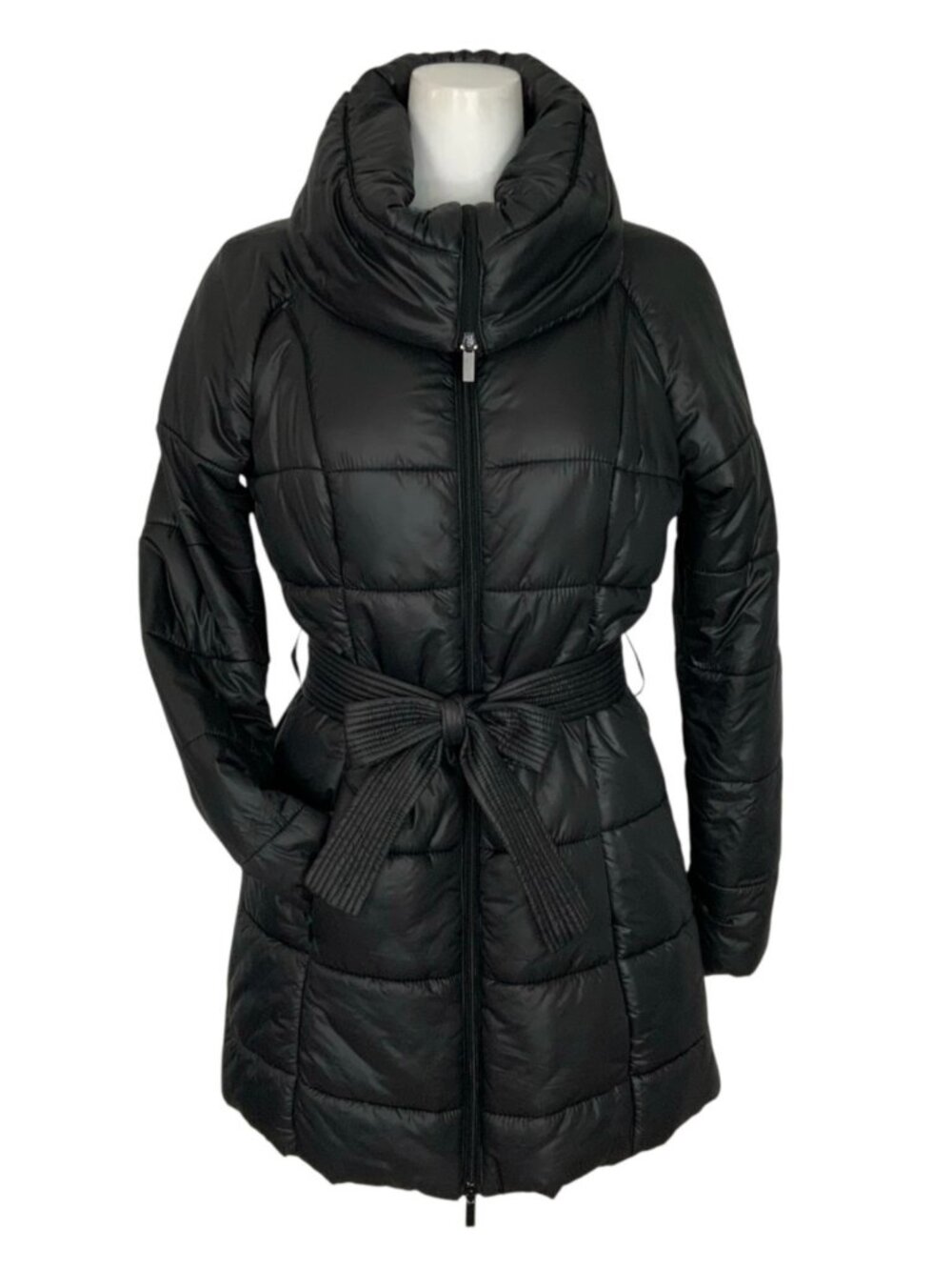Bebe PH8 Quilted Puffer Coat L Black Belted